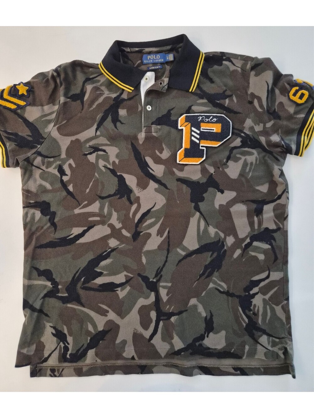 Polo Ralph Lauren Camo Polo Shirt Men L Custom Slim Fit Varsity New York P Patch